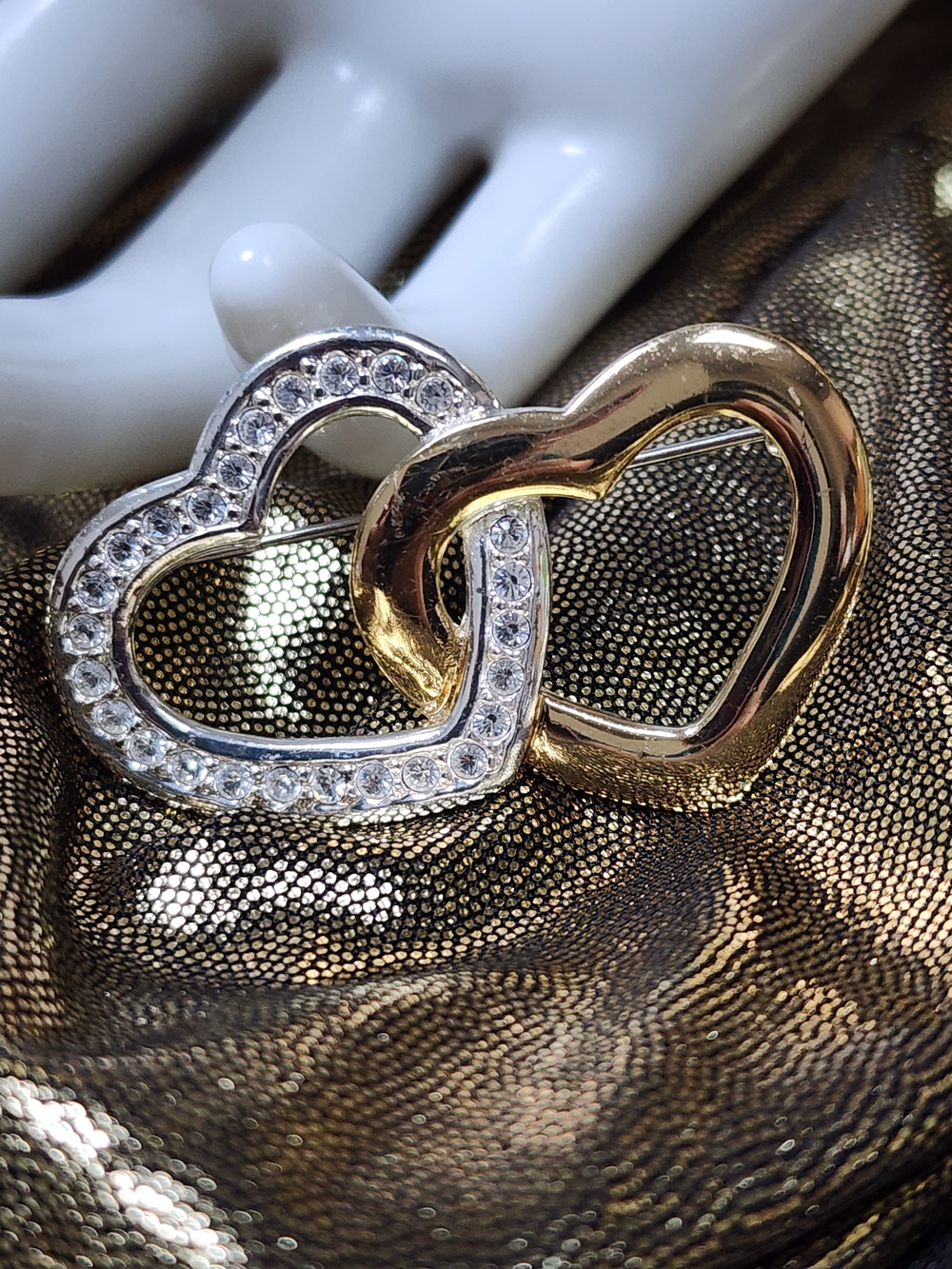 Monet Interlinked Heart Brooch - Gold & Silver with Crystals